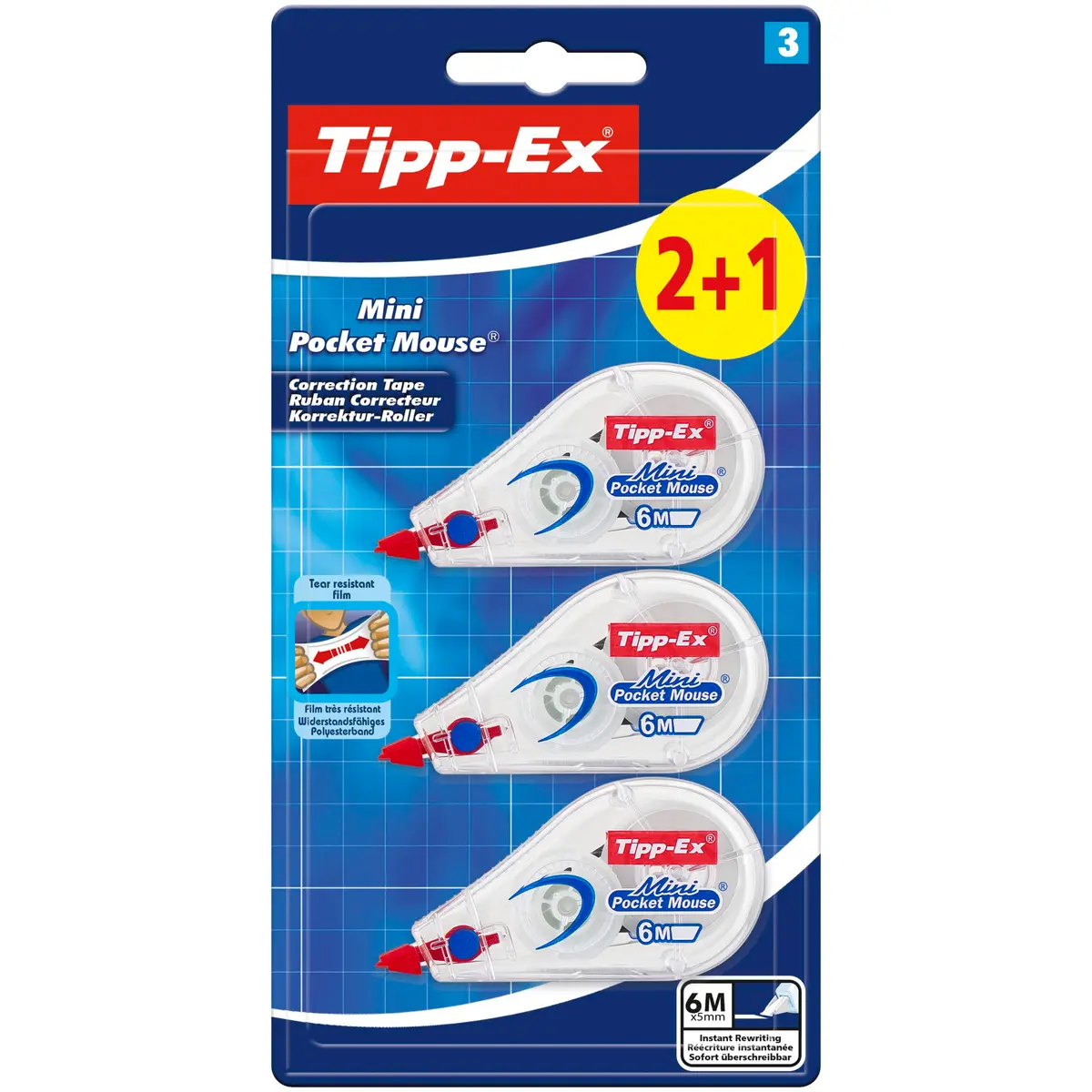 Tipp-Ex Mini Pocket Mouse Correction Tape Pack of 3 | 6m x 5mm, White, Office Supplies - main product image
