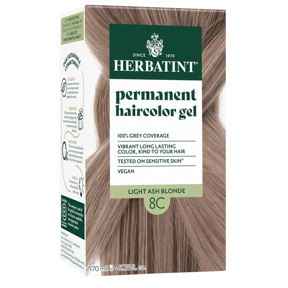 Herbatint 8C Light Ash Blonde Permanent Hair Dye | Ammonia-Free, Vegan, Gluten-Free, 5.75 Fl Oz - main product image