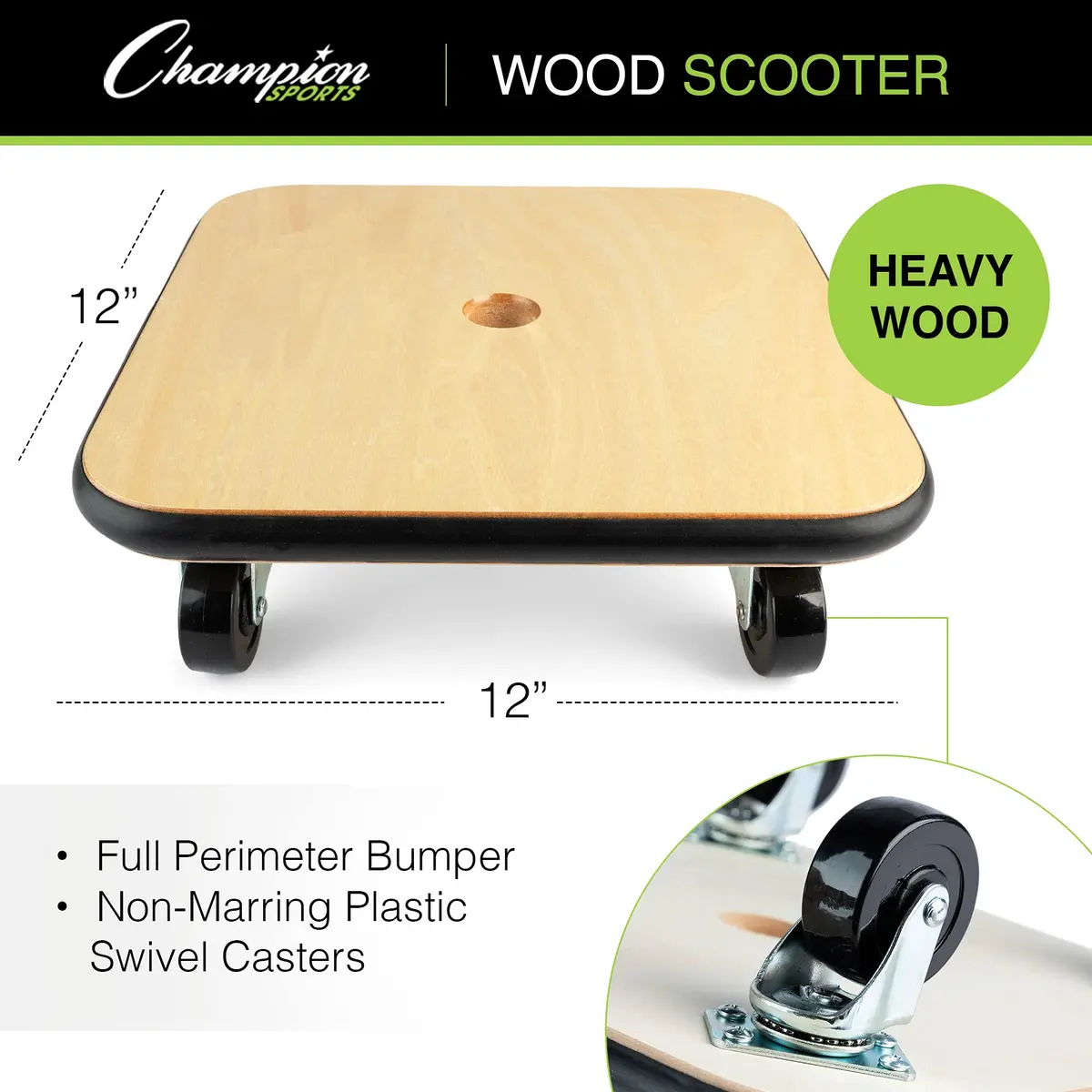 Champion Sports 12" Wood Scooter – Wooden Base with Full Bumper & Swivel Casters for Active Play & PE Class - view 3