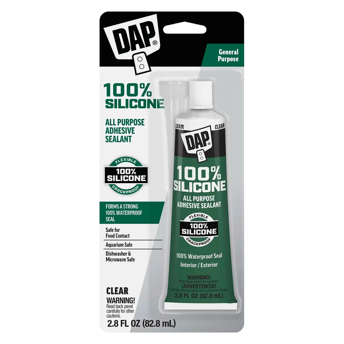 DAP All Purpose 100% Silicone Adhesive Sealant, Clear, 2.8 oz | Waterproof, Food Safe, Fast Cure - main product image