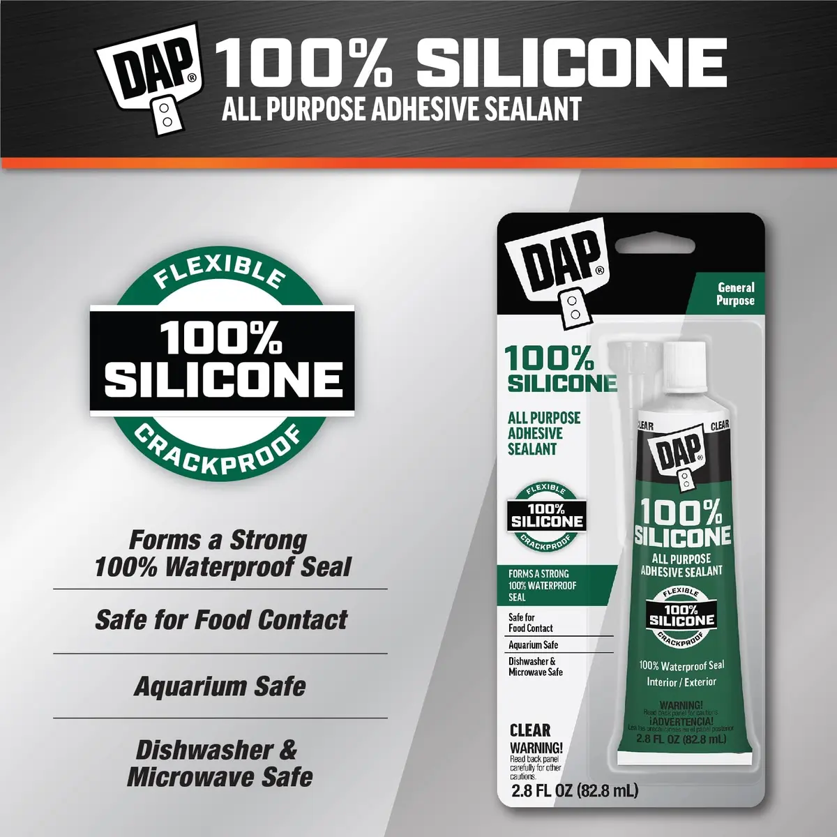 DAP All Purpose 100% Silicone Adhesive Sealant, Clear, 2.8 oz | Waterproof, Food Safe, Fast Cure - view 2
