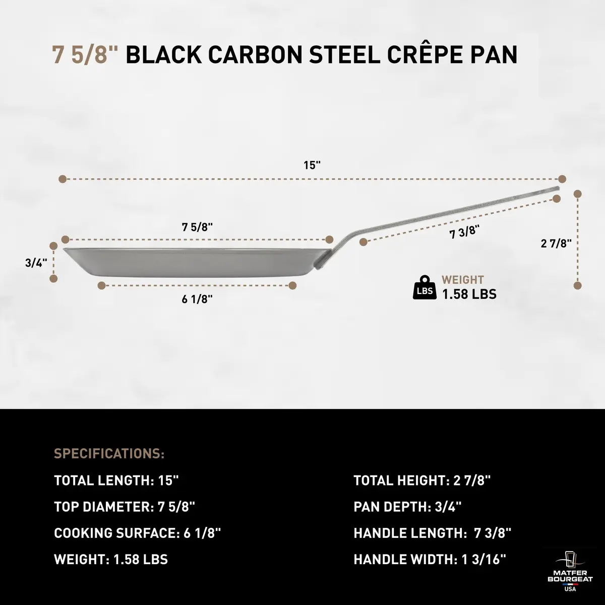 Matfer Bourgeat Black Carbon Steel Crêpe Pan 19.6cm (7 5/8") | Induction Compatible Heavy Duty Fry Pan - view 2