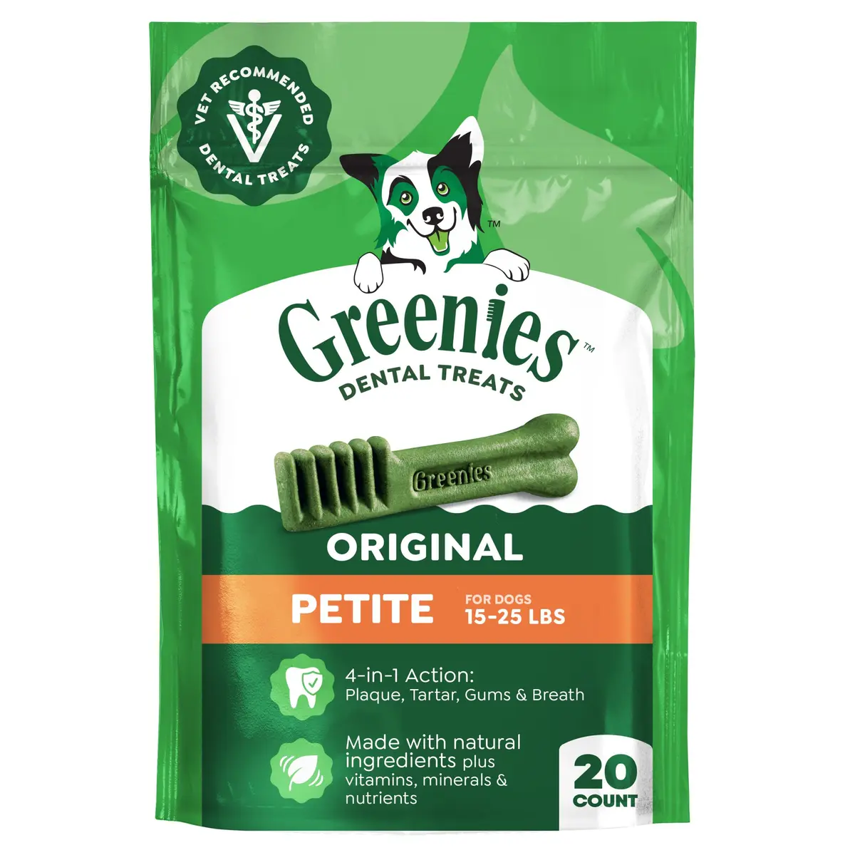 Greenies Petite Natural Dental Dog Treats, Original Flavor, 20 Count | Supports Plaque & Tartar, Fresh Breath (100-120c) - main product image