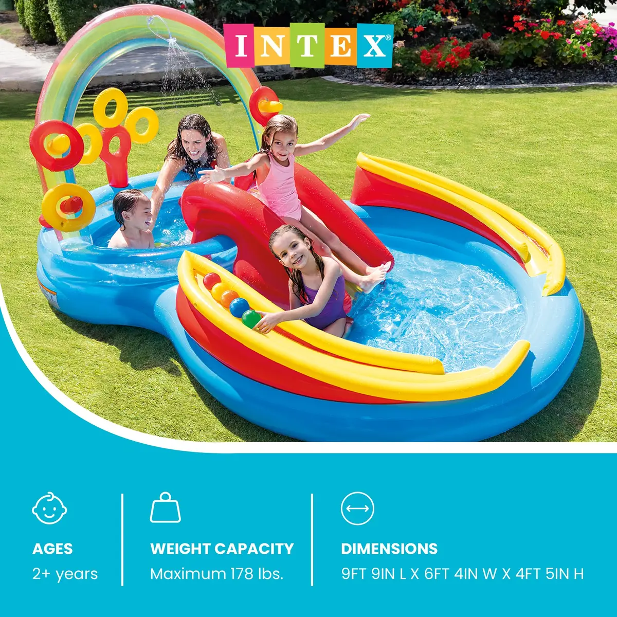 Intex Rainbow Ring Inflatable Play Center with Slide & Kiddie Pool 297cm x 193cm x 135cm | ASTM-Tested for Kids Ages 2+ - view 2