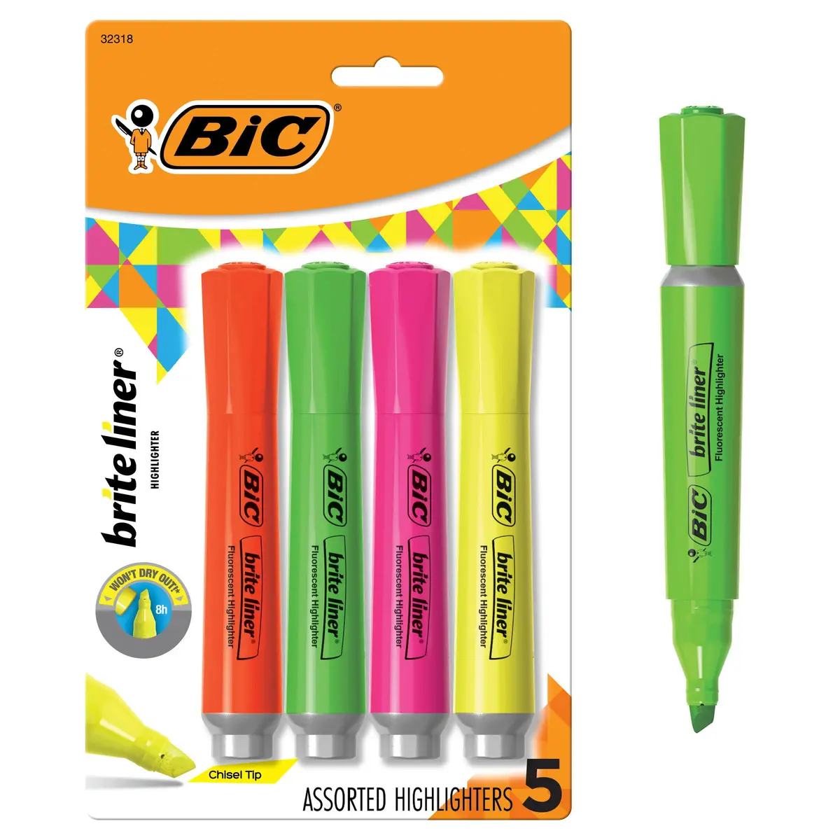BIC Brite Liner Grip XL Highlighters, Chisel Tip, 4-Count Pack, Assorted Colors | ACMI-Approved - main product image