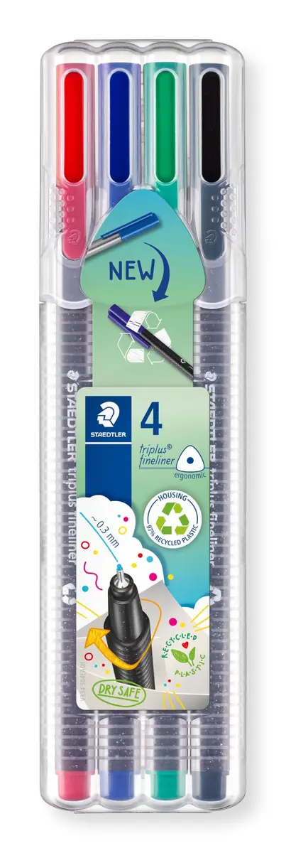STAEDTLER Fineliner Pens - Triplus - for Adult Colouring - 4 Assorted Colours | Ergonomic Triangular Shape, Water-Based Ink, 0.3 mm Linewidth - main product image
