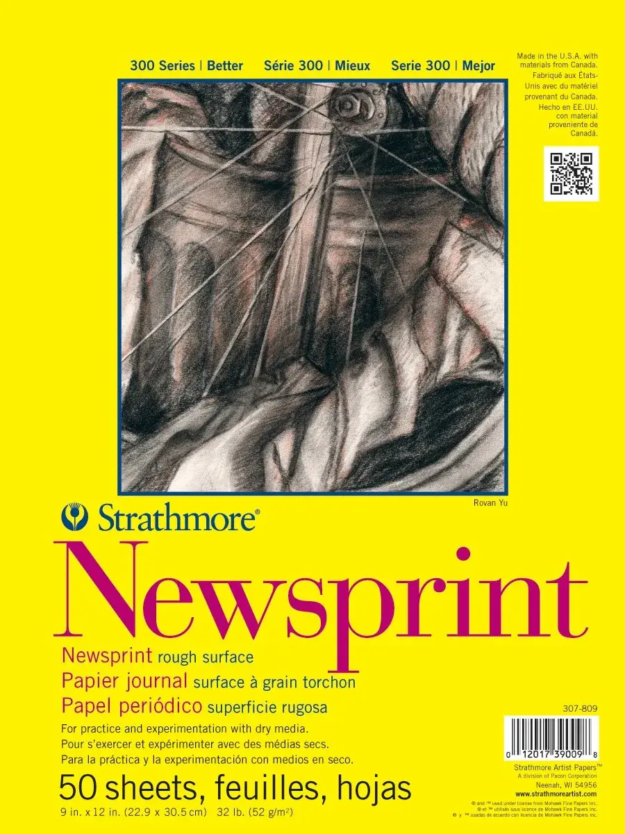 Strathmore 300 Series Tape Bound Newsprint Pad, 32 lb. Rough Paper, 9 X 12 inches, 50 Sheets (307-809) - main product image