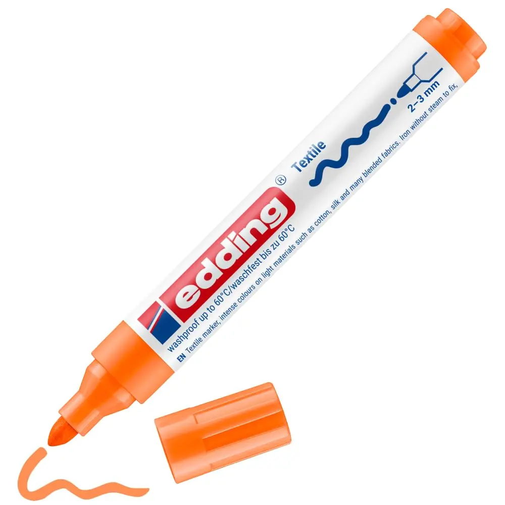 edding textile marker - orange - 1 pen - round nib 2-3 mm - permanent fabric markers for textiles, wash-resistant up to 60°C - main product image