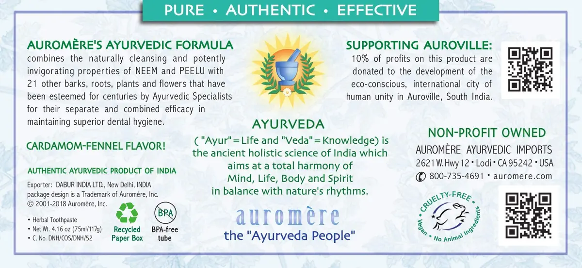 Auromere Ayurvedic Herbal Neem & Clove Toothpaste Cardamom-Fennel 117.93g (4.16 oz) | Fluoride-Free Oral Care - view 2