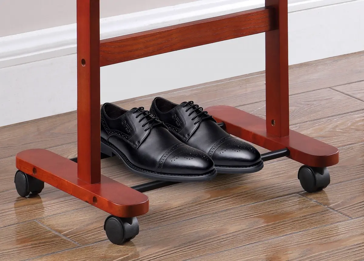 Proman Products Deluxe Suit Valet Stand VL16204 with Top Tray, Slide Out Tray, Contour Hanger, Trouser Bar, Tie & Belt Hooks and Shoe Rack, 17" W x 13" D x 41" H, Dark Cherry | Solid Wood - view 5