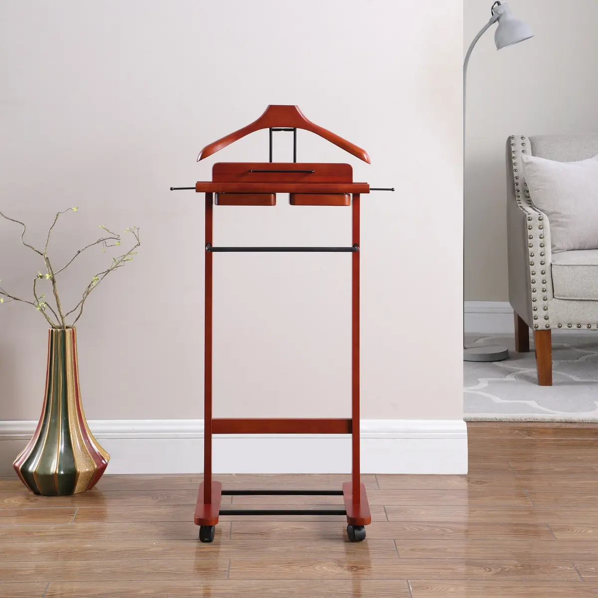 Proman Products Deluxe Suit Valet Stand VL16204 with Top Tray, Slide Out Tray, Contour Hanger, Trouser Bar, Tie & Belt Hooks and Shoe Rack, 17" W x 13" D x 41" H, Dark Cherry | Solid Wood - view 2
