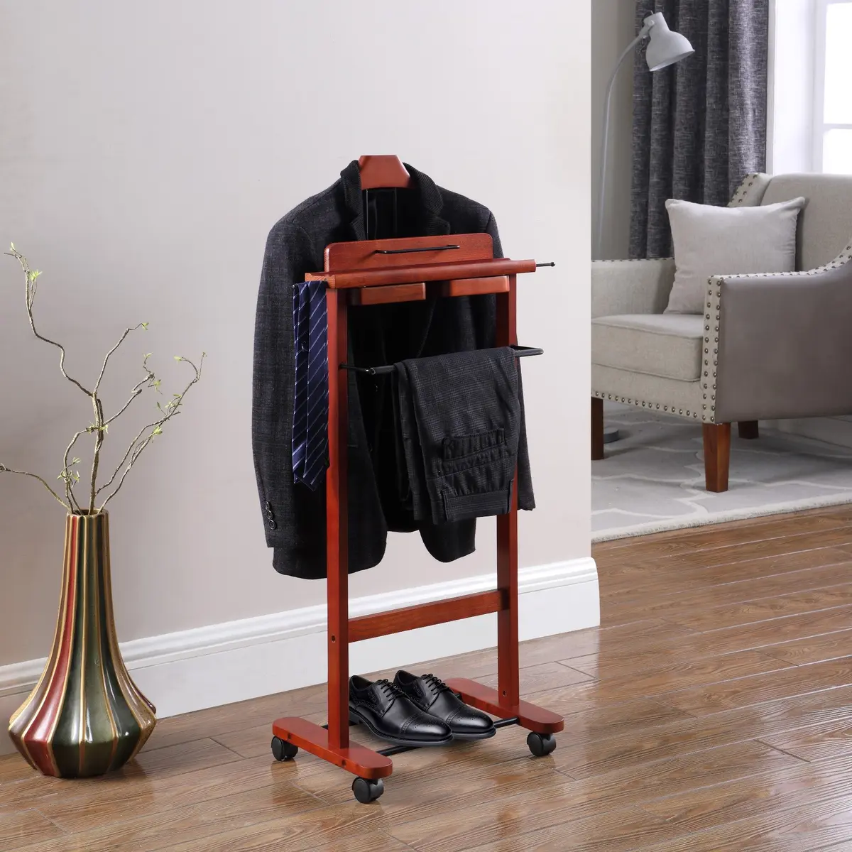 Proman Products Deluxe Suit Valet Stand VL16204 with Top Tray, Slide Out Tray, Contour Hanger, Trouser Bar, Tie & Belt Hooks and Shoe Rack, 17" W x 13" D x 41" H, Dark Cherry | Solid Wood - view 3
