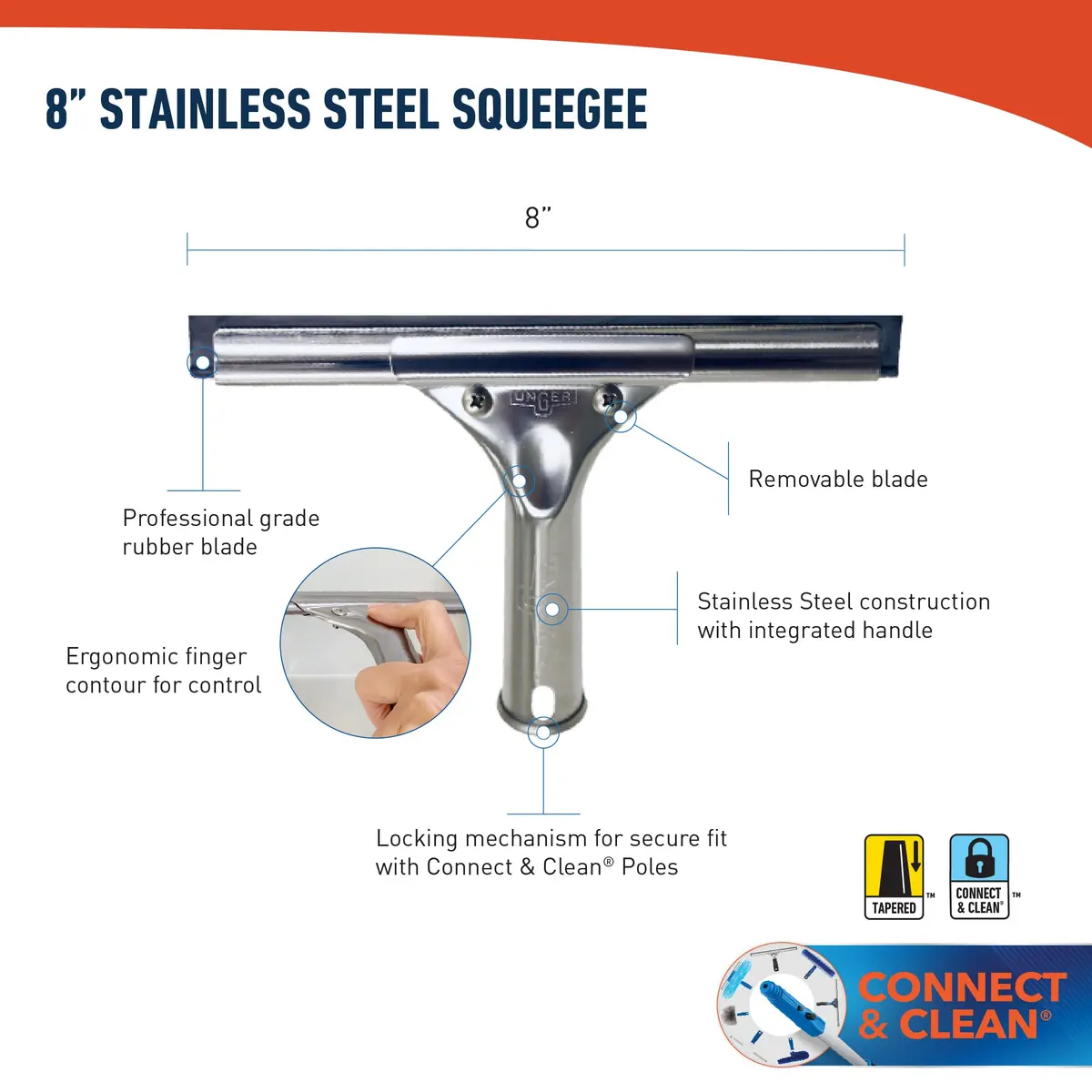 Unger Professional 8” Stainless Steel Window & Glass Squeegee | Heavy Duty, Streak-Free Results for Window Cleaning - view 3