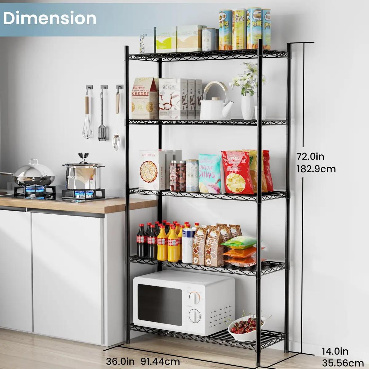 Whitmor 5-Wire Shelving Unit, Metal Storage Shelves, Heavy Duty, Easy Assembly 36"L x 14"W x 72"H - view 3
