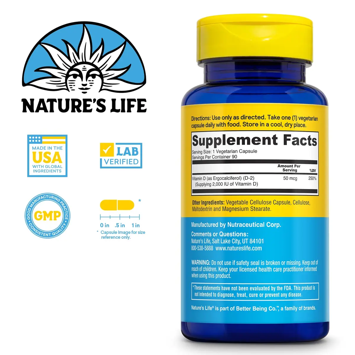 Nature's Life Vitamin D2 2000 IU | Vegan Supplement for Bone & Immunity Support (90 Vegetarian Capsules) - view 2