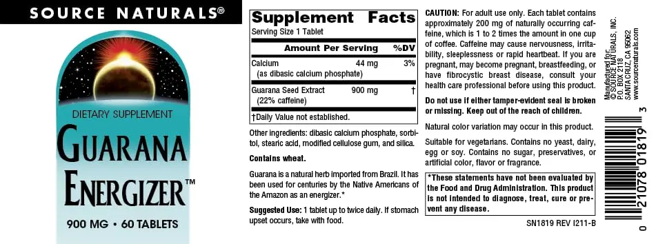 Source Naturals Guarana Energizer 60 Tablets | Long-Lasting Energy Support with Caffeine - view 4