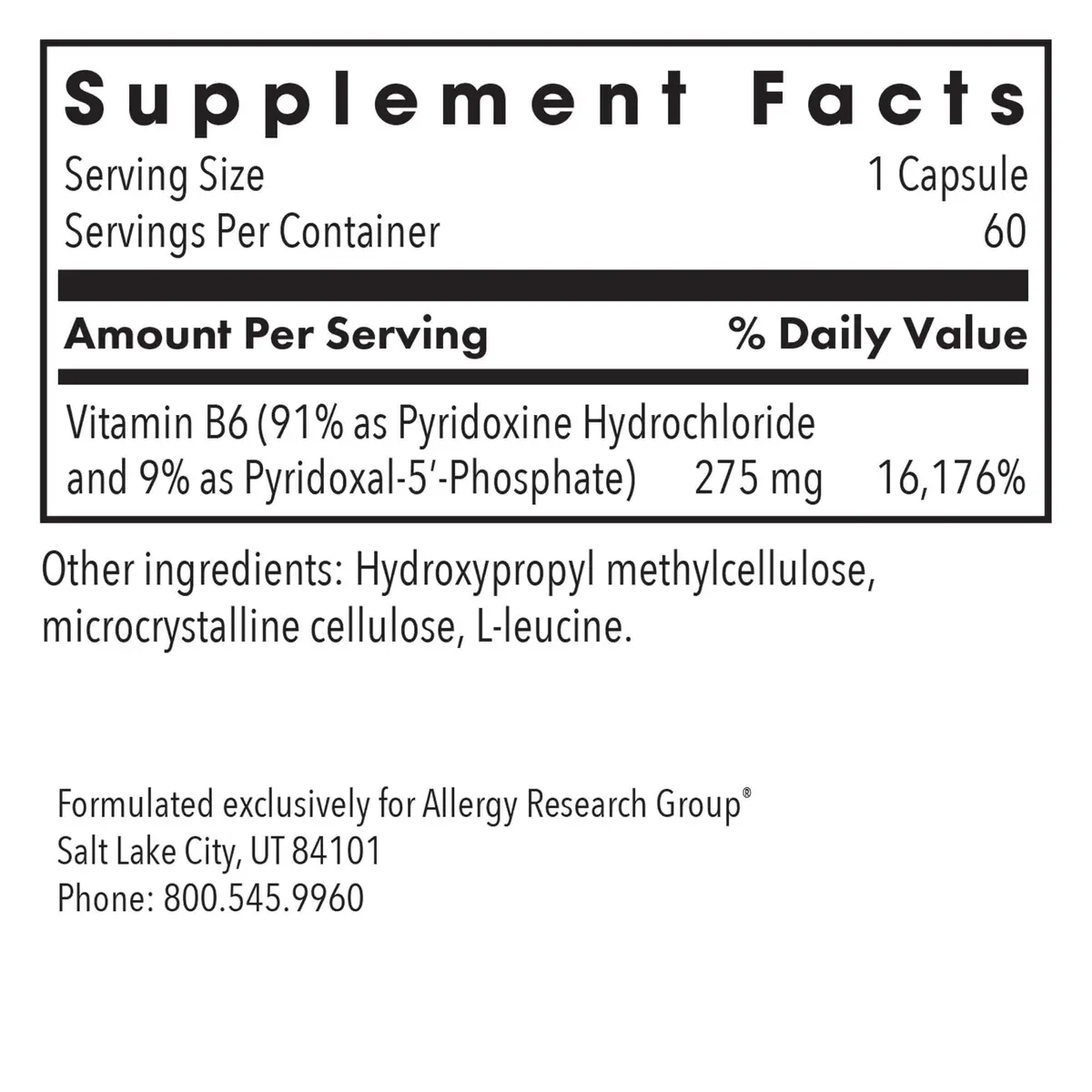 Allergy Research Group Pyridoxine P5P Active Vitamin B6 Formula, 60 Capsules | Supports amino acid & lipid metabolism - view 2
