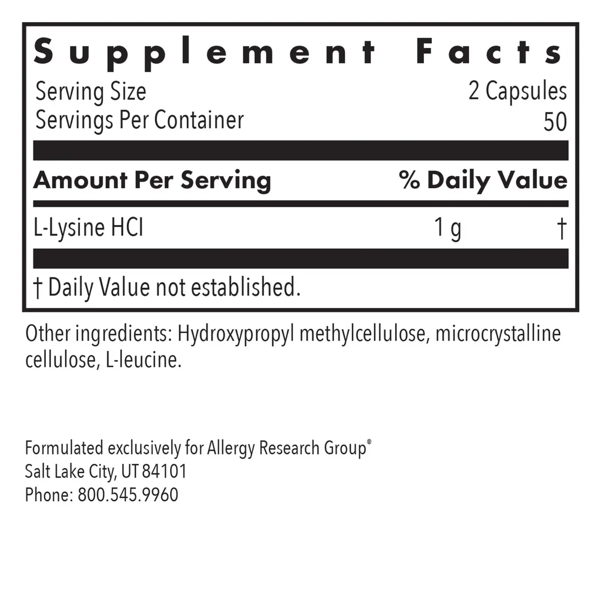 Allergy Research Group L-Lysine 500 mg Capsules | Supports Calcium Absorption & Bone Health (100 Capsules) - view 2
