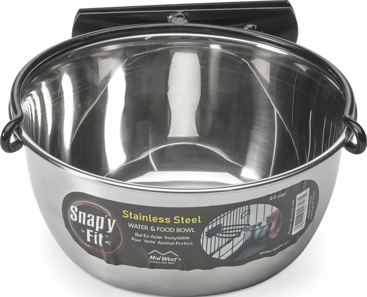 MidWest Homes for Pets Snap'y Fit Stainless Steel Food or Water Bowl 1 Quart (4 Cups) | Mounts to Wire Crates, No-Tip Design - main product image