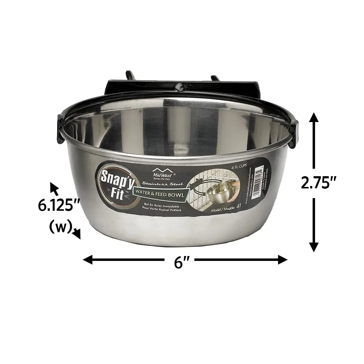 MidWest Homes for Pets Snap'y Fit Stainless Steel Food or Water Bowl 1 Quart (4 Cups) | Mounts to Wire Crates, No-Tip Design - view 2