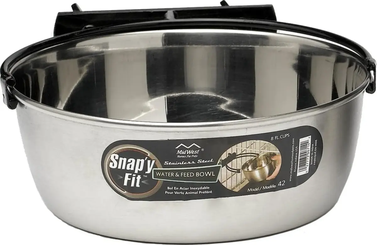 MidWest Homes for Pets Snap'y Fit Stainless Steel Food or Water Bowl 2 Quarts (8 Cups) | Mounts to Wire Crates, No-Tip Design - main product image