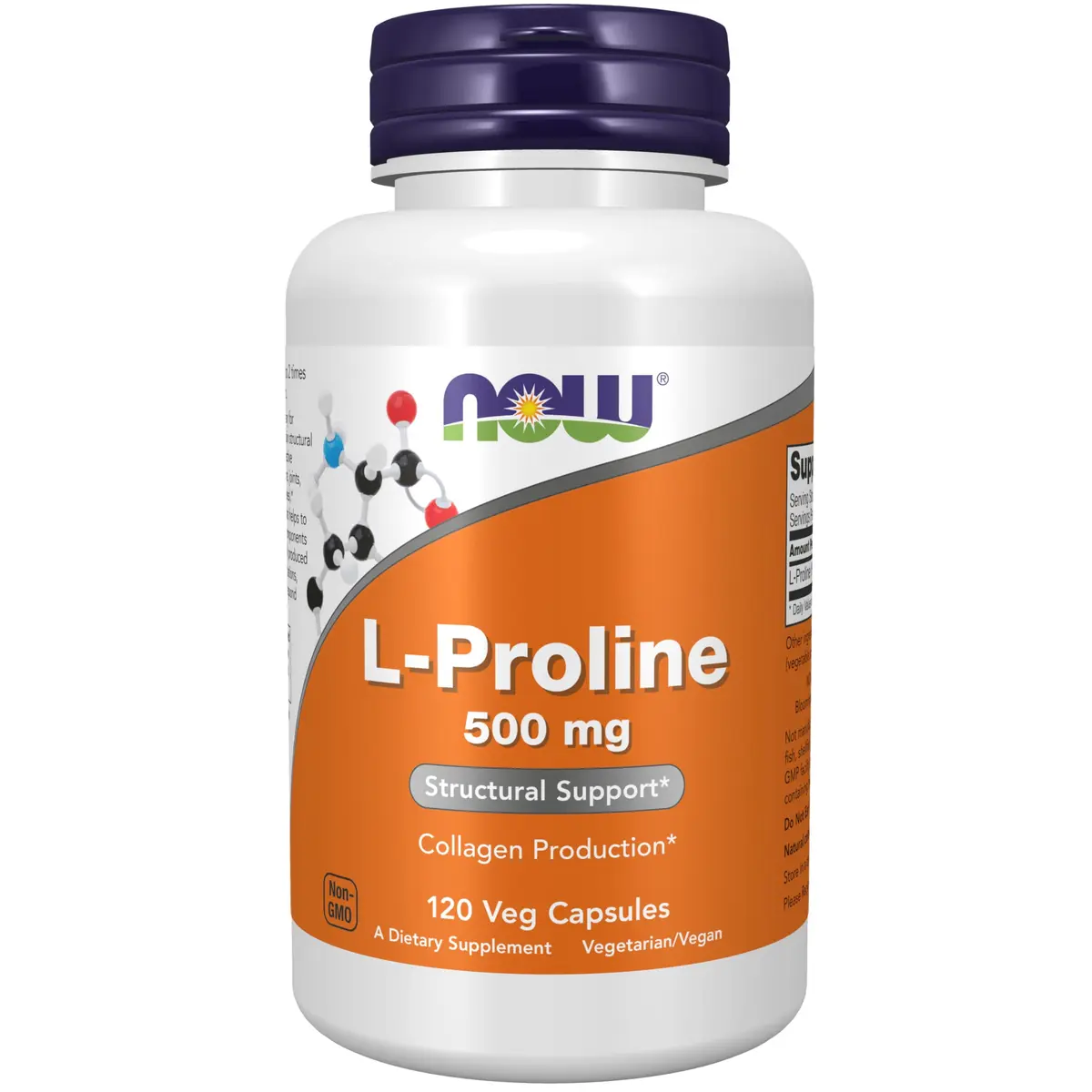 NOW Supplements, L-Proline 500 mg, Collagen Production, 120 Veg Caps | Supports Skin & Connective Tissues - main product image
