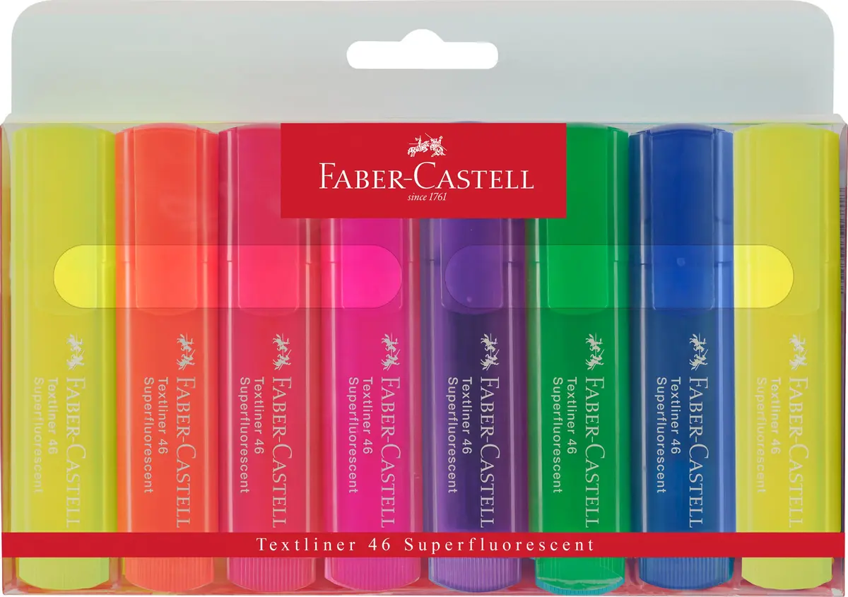 Faber-Castell Fluorescent Highlighters, 8 Neon Colors | Chisel Tip, Water-Based Ink, 1-5mm Line Widths - main product image