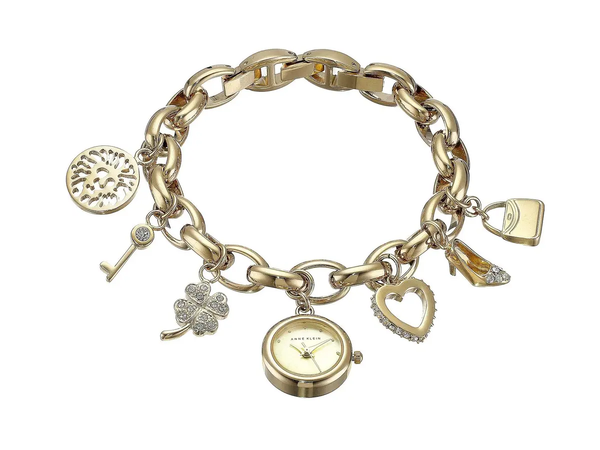 Anne Klein Women's Gold Charm Bracelet Watch with Gold Dial & Crystal Accents | 20mm Case - main product image