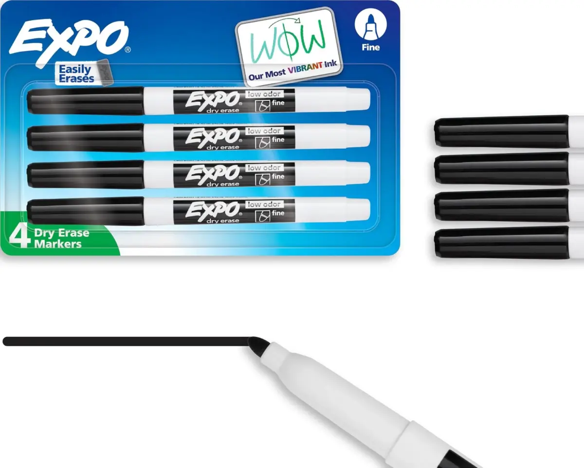 EXPO Low Odor Dry Erase Markers, Fine Tip, Black, 4 Count | Smooth Ink Flow - main product image