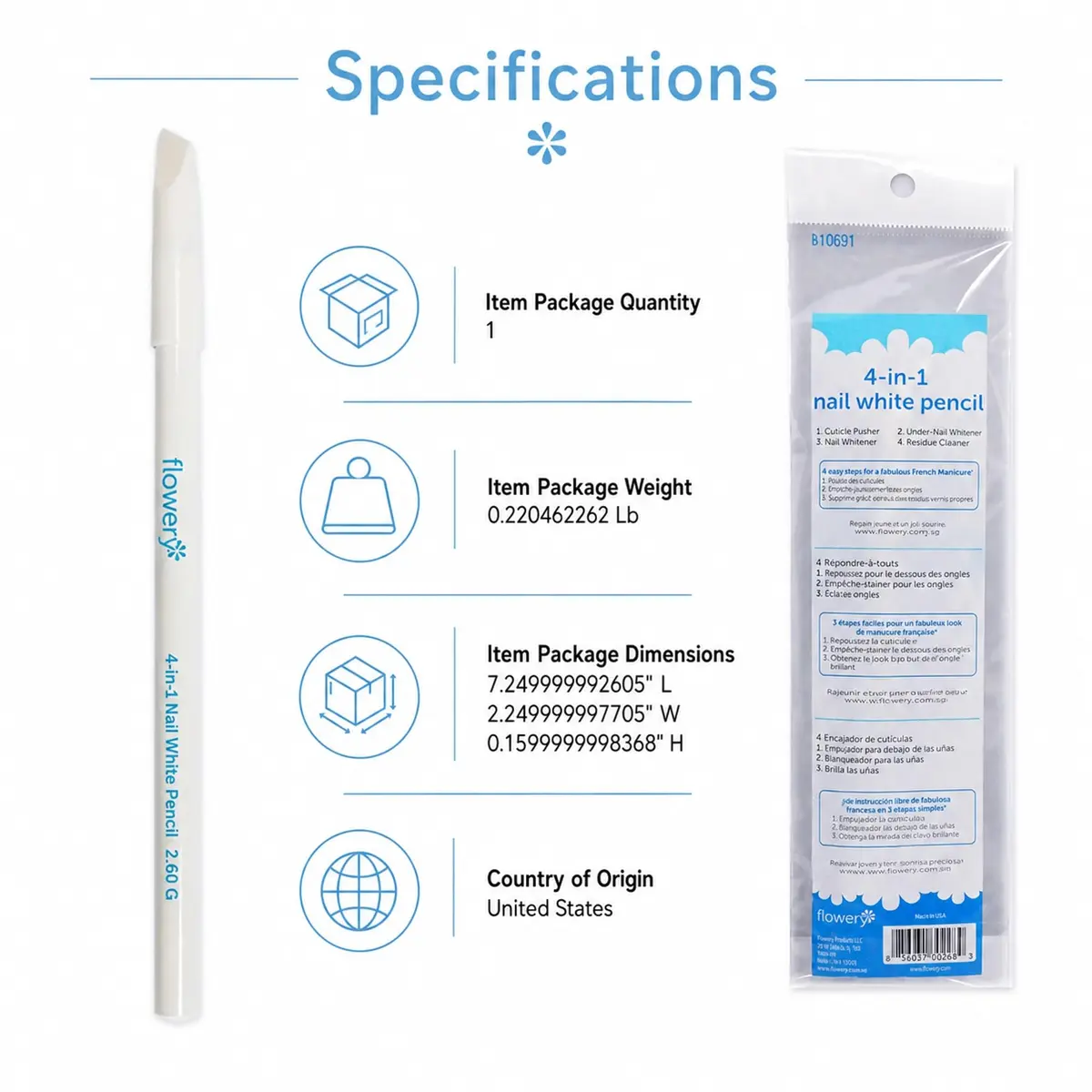 Flowery White Nail Pencil – Under Nail Whitener & Cuticle Pusher for Natural French Manicure Look - view 5