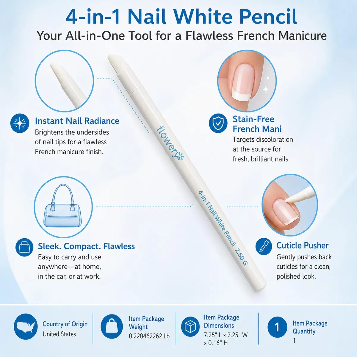 Flowery White Nail Pencil – Under Nail Whitener & Cuticle Pusher for Natural French Manicure Look - view 3