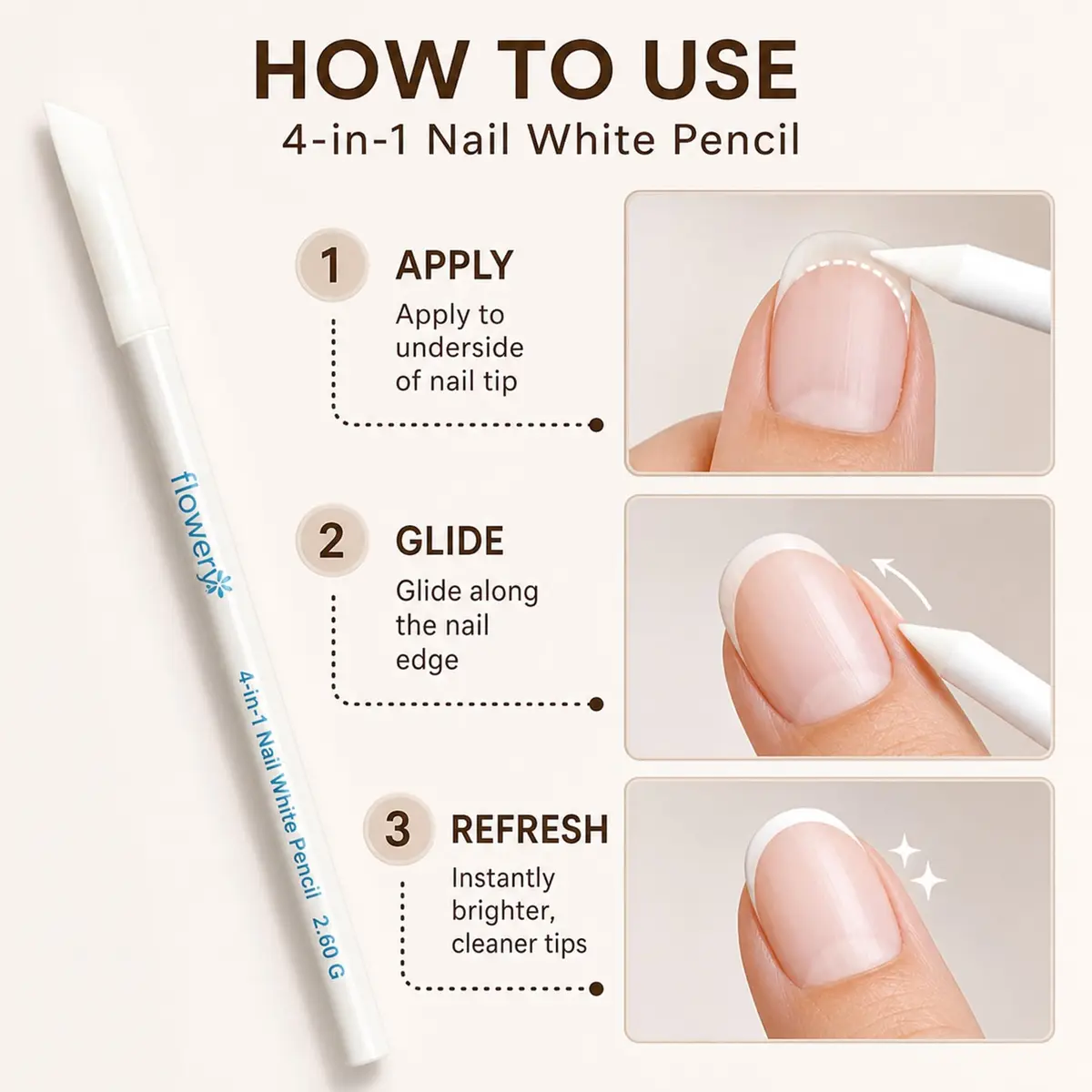 Flowery White Nail Pencil – Under Nail Whitener & Cuticle Pusher for Natural French Manicure Look - view 4