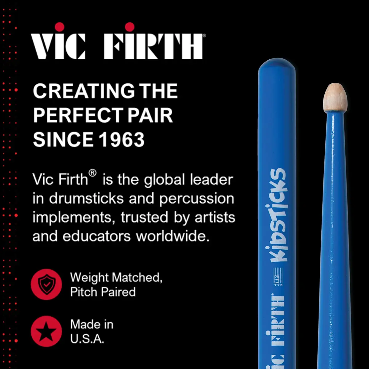 Vic Firth American Classic Blue Kidsticks | Designed for children 3-8, premium USA hickory, bright blue finish, quality sound, easy grip - view 9