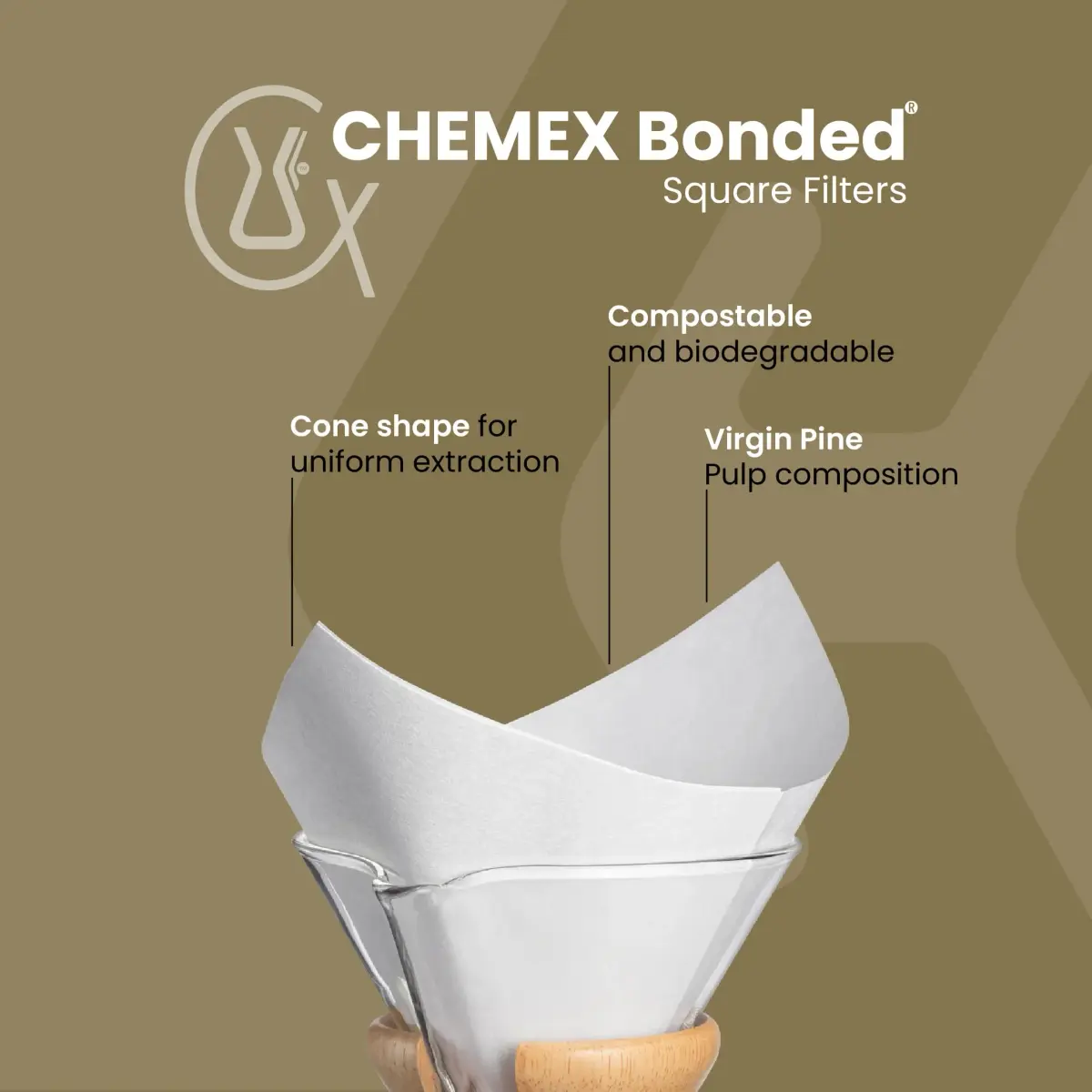 Chemex Bonded Square Coffee Filters, 100 Count | 20-30% Thicker Paper for Pure Coffee Flavor - view 2