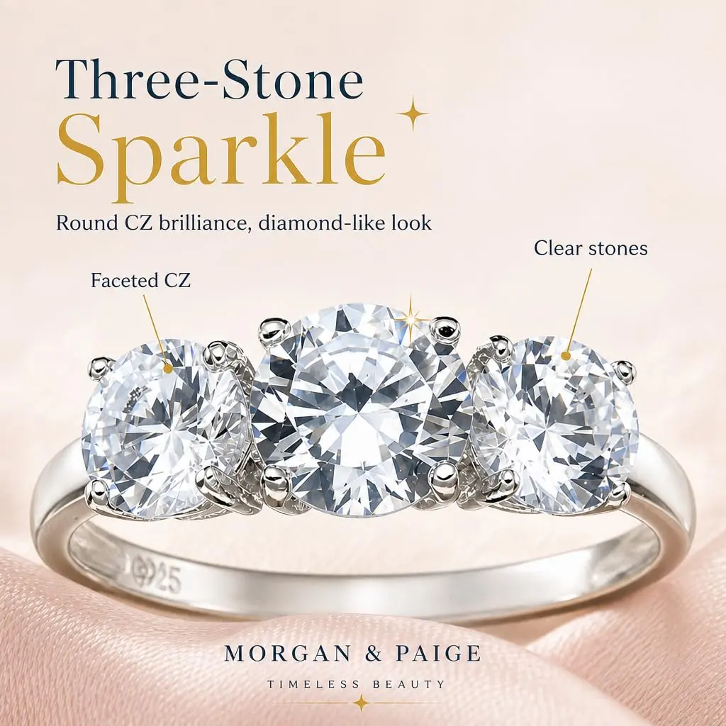 Morgan & Paige Silver Three Stone Round Cut White CZ Engagement Ring Size 8 | Elegant, Hypoallergenic Sterling Silver - view 5