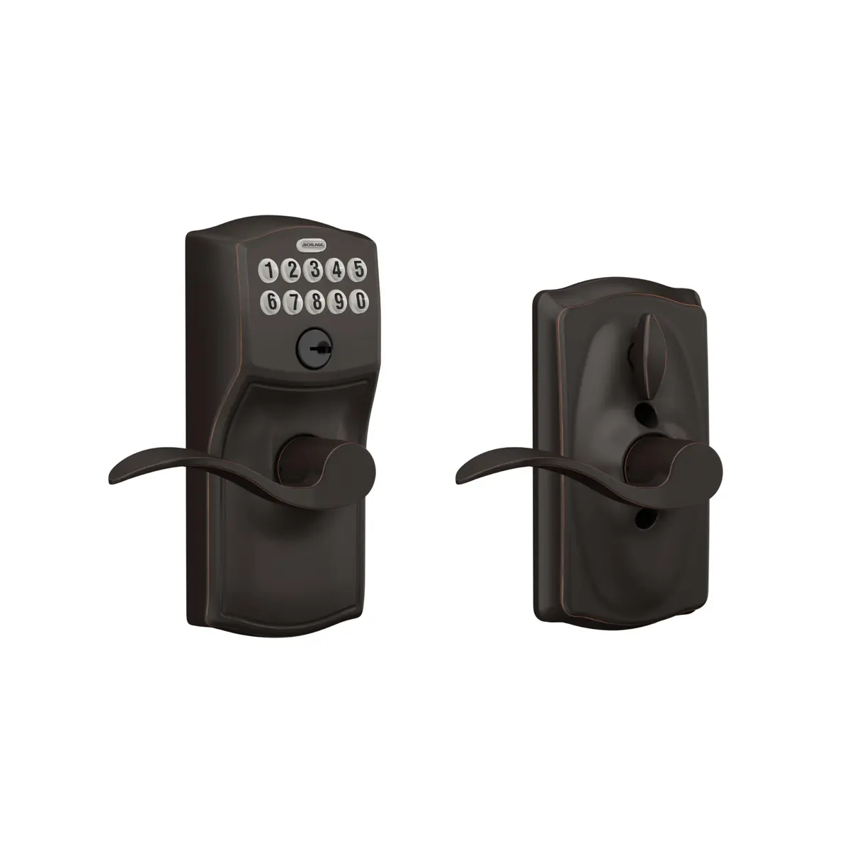 Schlage Camelot Keypad Lock with Lever Handle, Aged Bronze | Keyless Entry & Auto Lock (70-120 chars) - main product image
