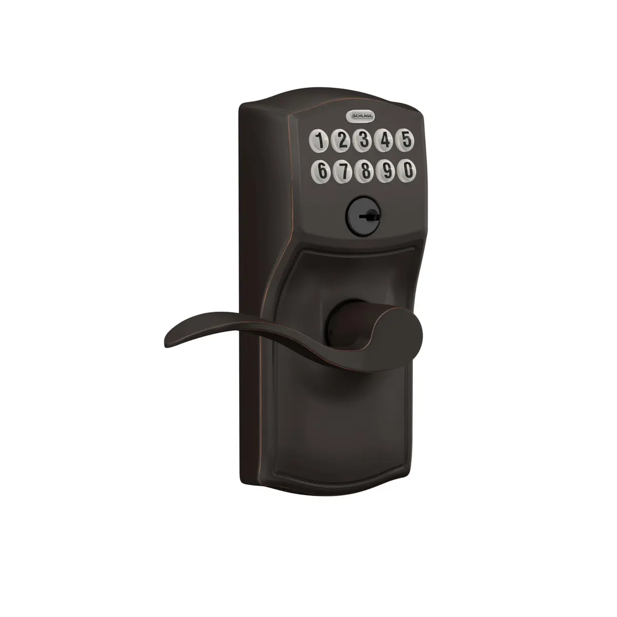 Schlage Camelot Keypad Lock with Lever Handle, Aged Bronze | Keyless Entry & Auto Lock (70-120 chars) - view 2