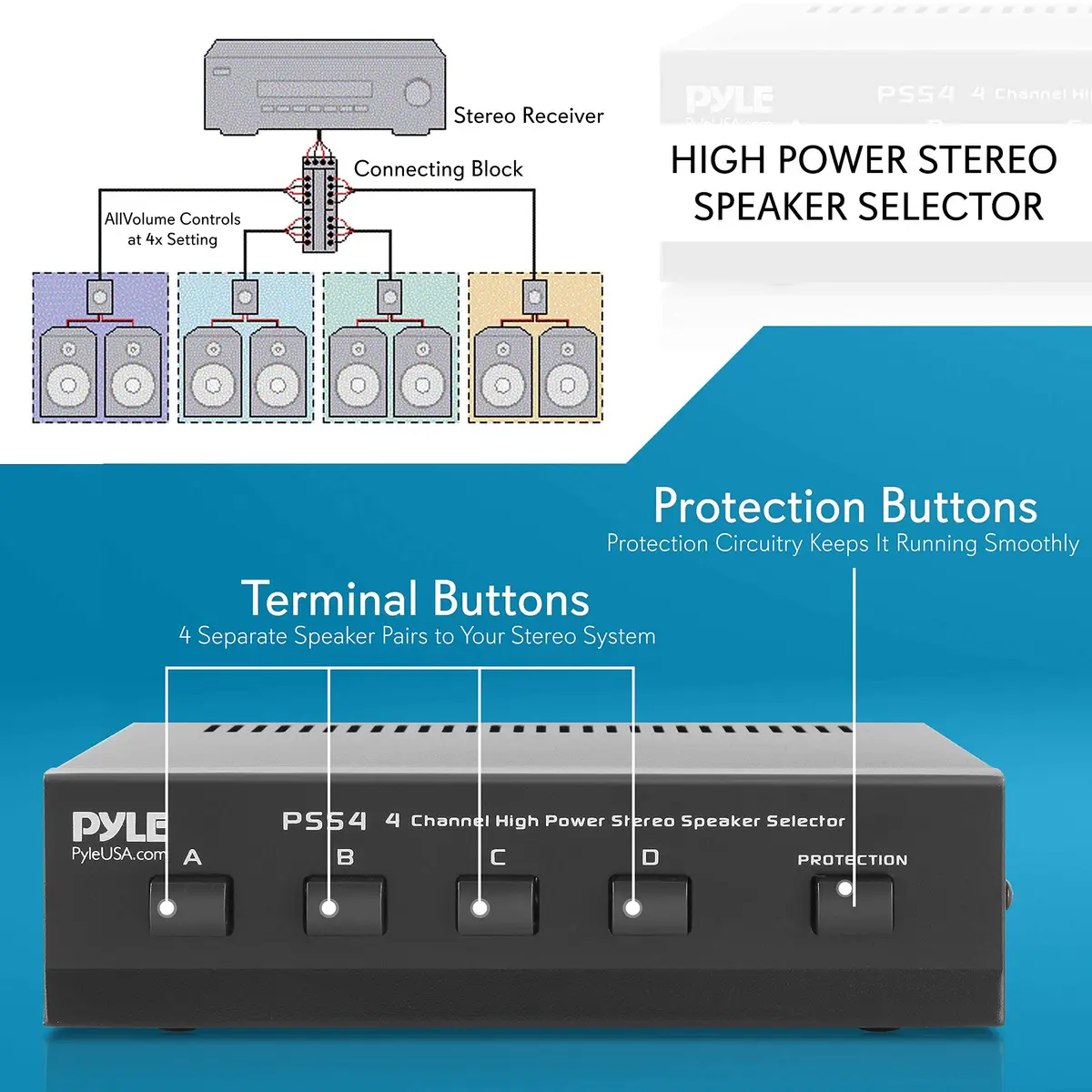 Pyle 4-Channel High Power Stereo Speaker Selector - A/B/C/D | 4 Pairs of Speakers, 100W/Channel, 14-Gauge Wires - view 2