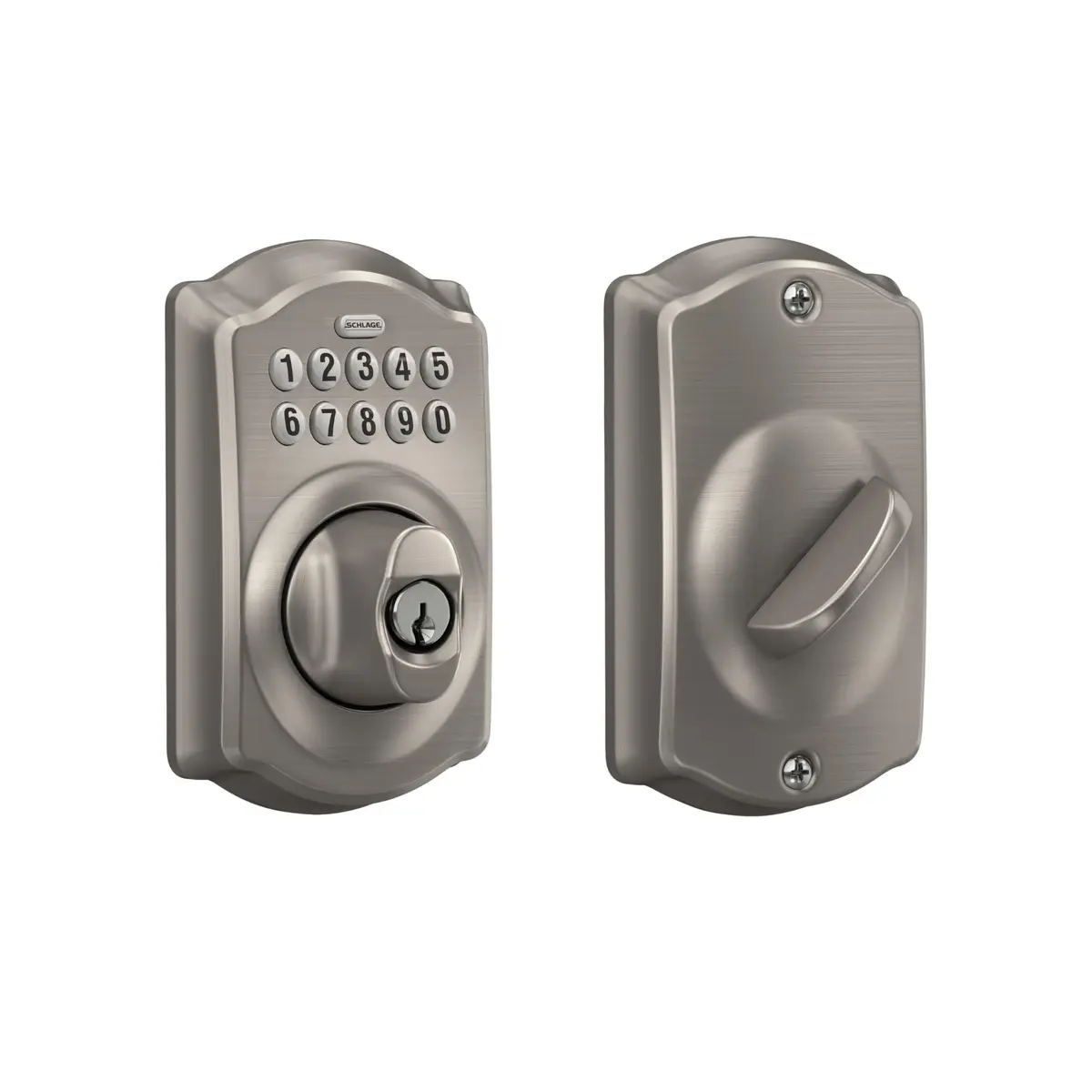 Schlage Electronic Keypad Deadbolt Lock, Camelot Trim, Satin Nickel | Secure Keyless Entry with Durable Metal Construction - main product image