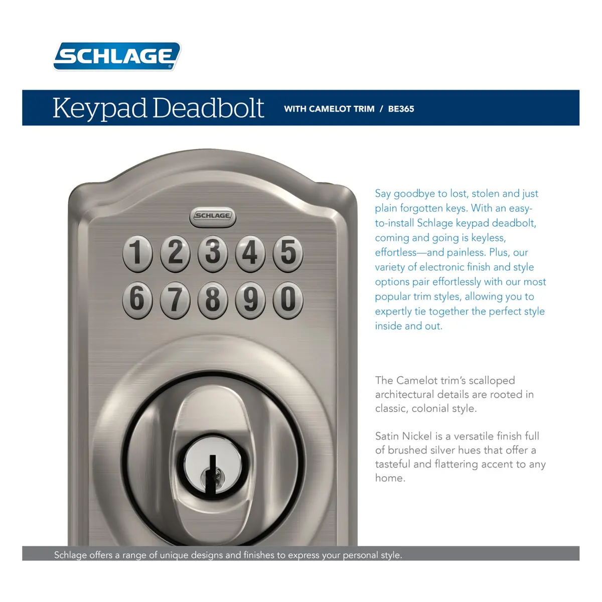 Schlage Electronic Keypad Deadbolt Lock, Camelot Trim, Satin Nickel | Secure Keyless Entry with Durable Metal Construction - view 7