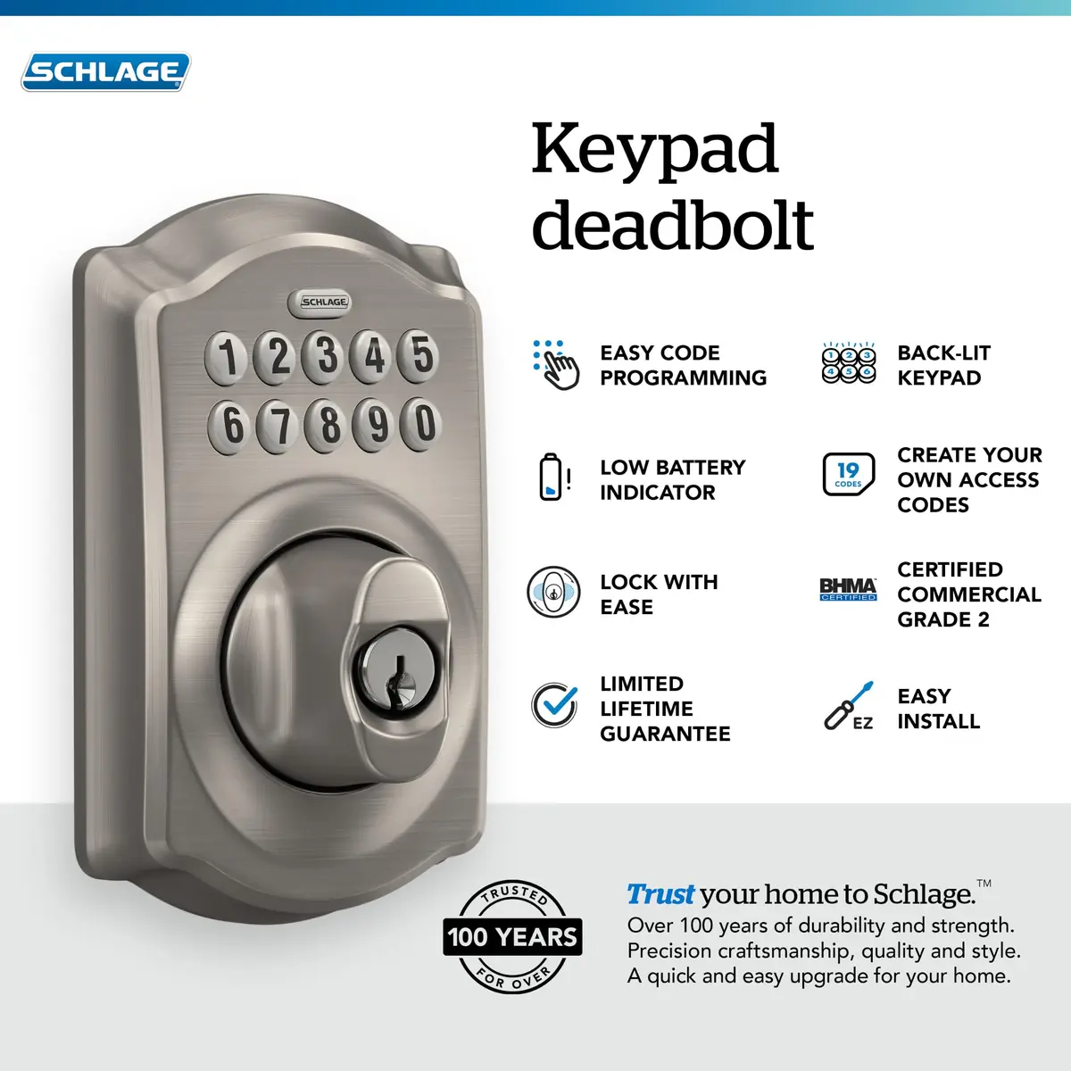 Schlage Electronic Keypad Deadbolt Lock, Camelot Trim, Satin Nickel | Secure Keyless Entry with Durable Metal Construction - view 2