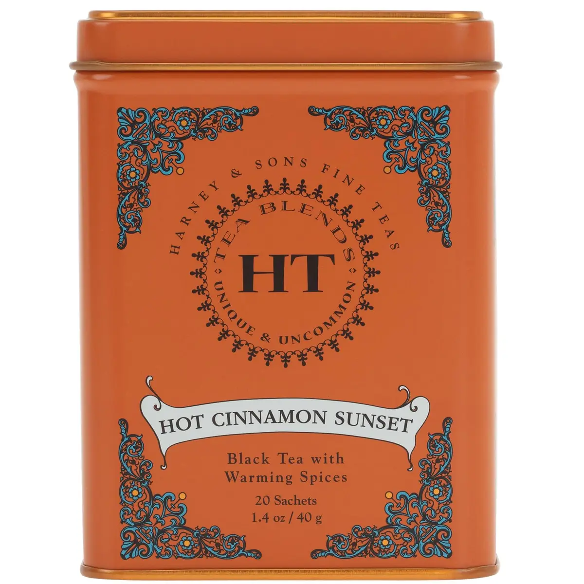 Harney & Sons Caffeinated Hot Cinnamon Sunset Black Tea with Orange and Cloves Tin 20 Sachets | Bold Spice Flavor, Hot or Iced (70-120 chars) - main product image