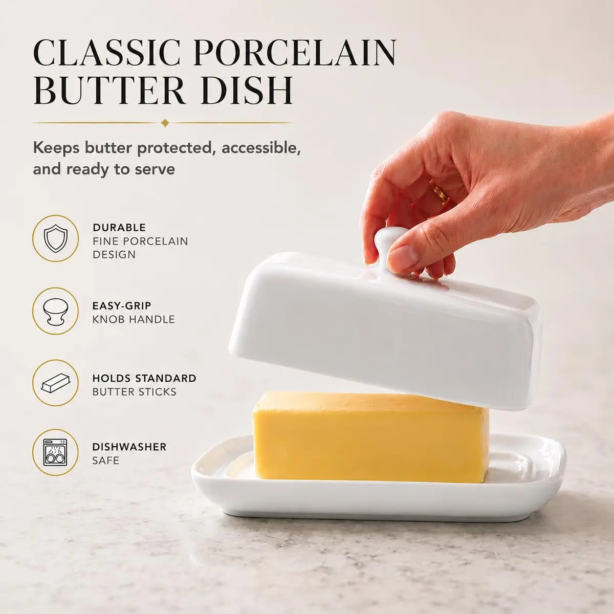 HIC Kitchen Butter Dish with Lid, Fine Porcelain | Elegant Serveware for All Butter Types in India - view 5