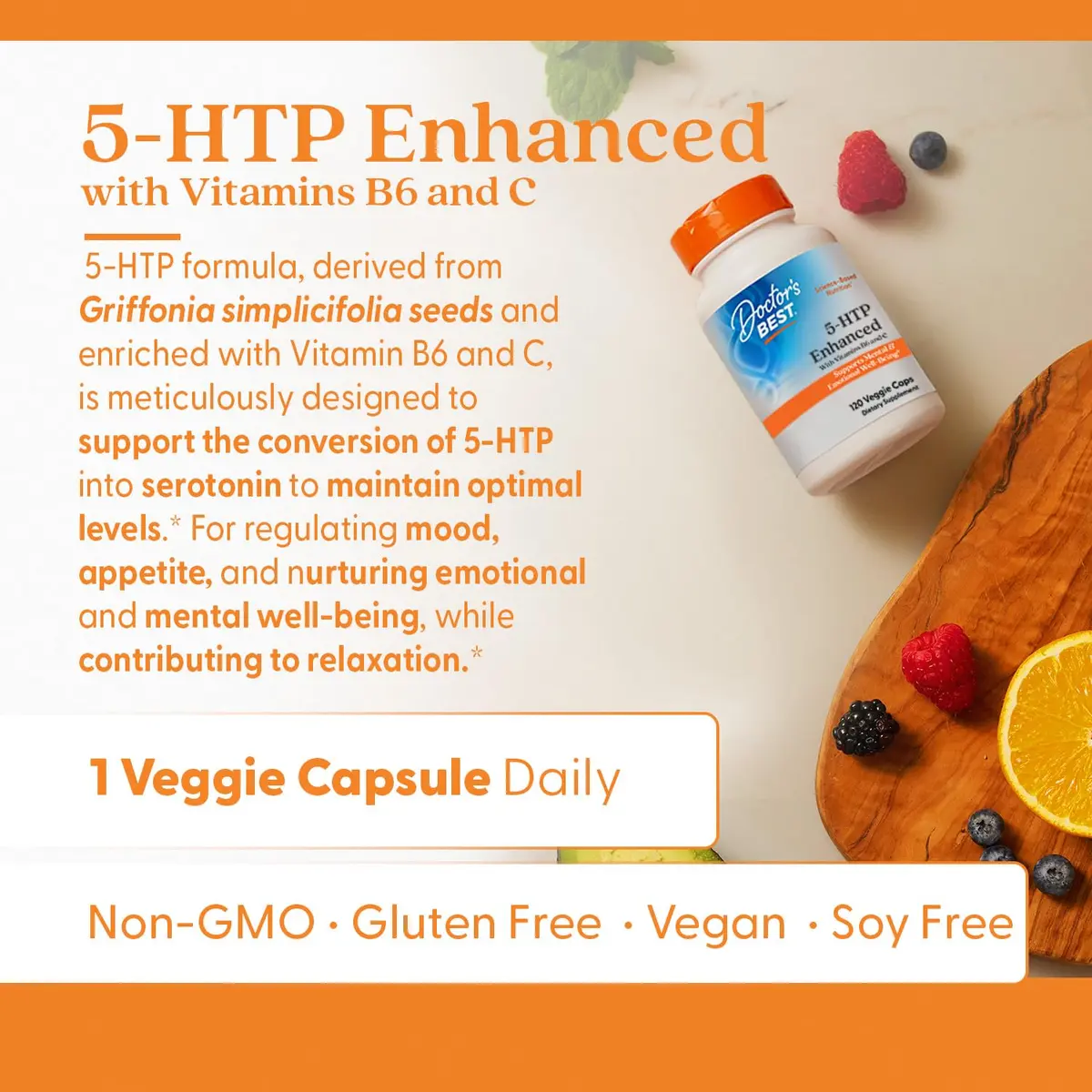 Doctor's BEST 5-HTP Enhanced with Vitamins B6 & C, Non-GMO, 120 Veg Caps | Supports Mood & Sleep - view 2