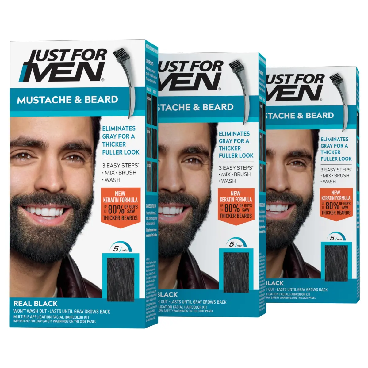 Just For Men Mustache & Beard Real Black M-55 (3-Pack) | Ammonia-Free Facial Hair Color - main product image