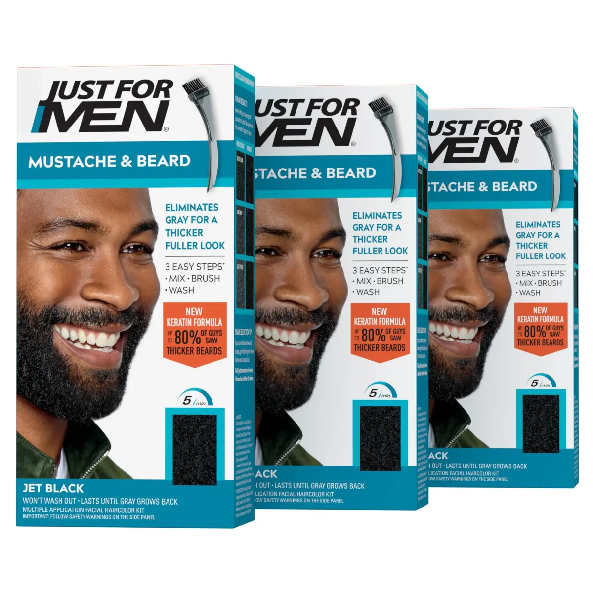 Just For Men Mustache & Beard Coloring Gel Jet Black (M-60) 3 x 0.25 oz | Ammonia-Free Formula for Coarse Facial Hair - main product image