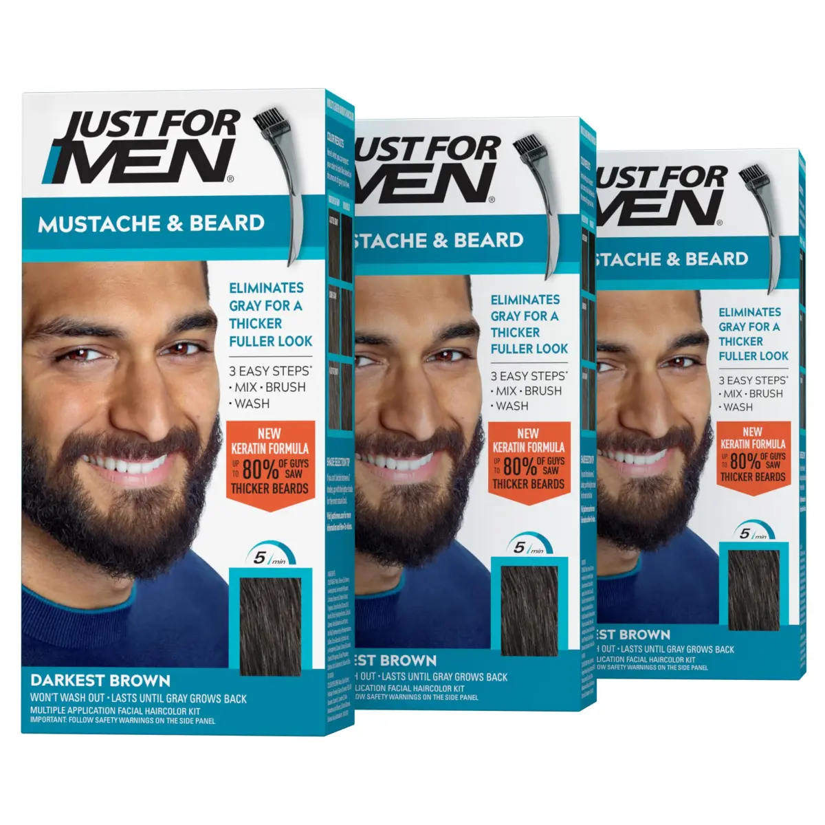 Just For Men Mustache & Beard Dye, Darkest Brown M-50 (3 Pack) | Keratin & Biotin Enriched for Coarse Facial Hair - main product image
