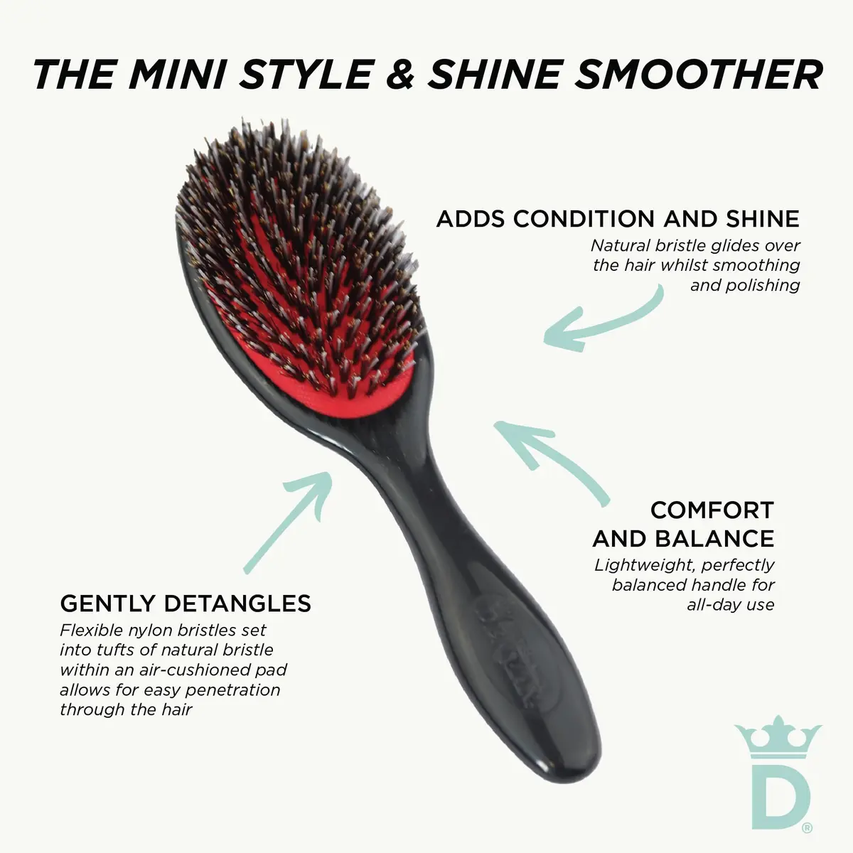 Denman D81S Cushion Hair Brush Small Black with Nylon Boar Bristles | Detangling, Smoothing, Shine - view 7
