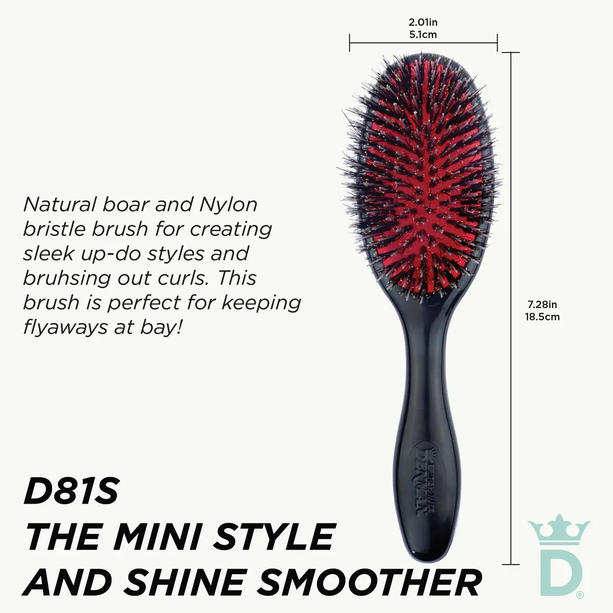 Denman D81S Cushion Hair Brush Small Black with Nylon Boar Bristles | Detangling, Smoothing, Shine - view 2