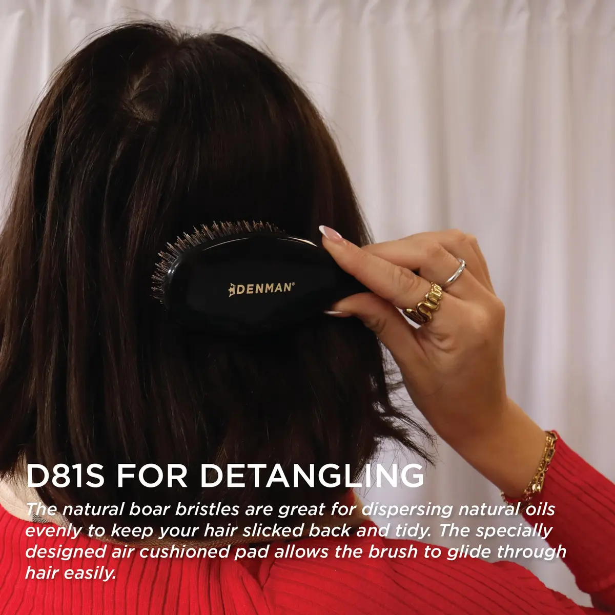 Denman D81S Cushion Hair Brush Small Black with Nylon Boar Bristles | Detangling, Smoothing, Shine - view 3